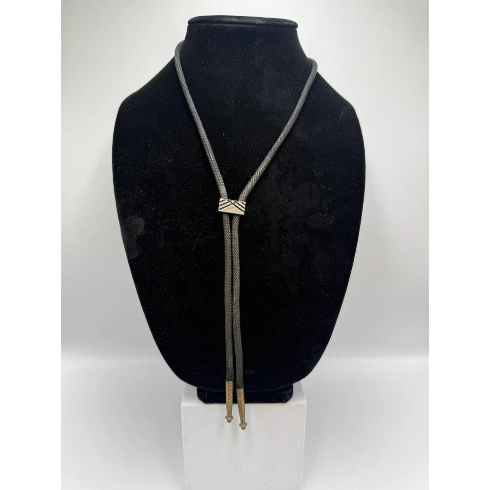 Vintage Geometric Rectangular Bolo Tie Black Braided Cord Brass Tips Western